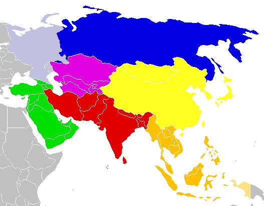 Blue-North Asia, Purple-Central Asia, Green-Southwest Asia, Red-South Asia, Yellow-East Asia, and Mustard-Southeast Asia - History of Yogurt, Yoghurt, Yogourt or Yoghourt