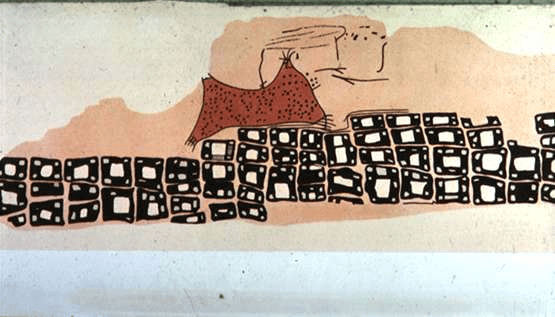 Fig 4. A wall painting from Catal Hoyuk. Showing a volcano and a layout of the city, this is a watercolor copy of a landscapeone of the first landscapes drawn that features no humans or animals.