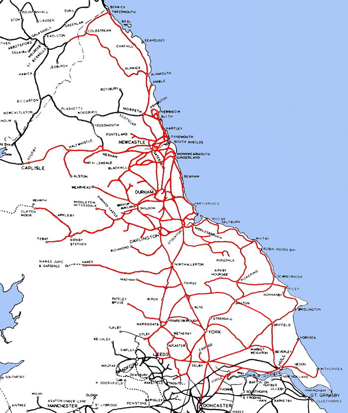 Route map of the North East with connections to other companies' lines - the NER was one of the richest, with a large slice of industry and the East Coast Main Line as well as many major cities (Hull, Leeds, Newcastle, Bradford, Durham, York)