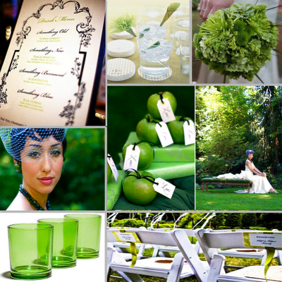 Lot of greenery (tree, grass, shrubs and green flowers bouquets are a natural choice to incorporate into a lime green and white themed wedding receptions. The wedding photos will be gorgeous! Photo credit: Tried and True Weddings via 3bp.blogspot.com