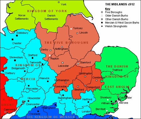 Danish division. Eastern Mercia, East Anglia and Northumbria north to the Tees came under Danish rule in the 9th Century after agreement between Guthrum and Aelfred. Colonisation had reached the Anglo-Saxon kingdoms.