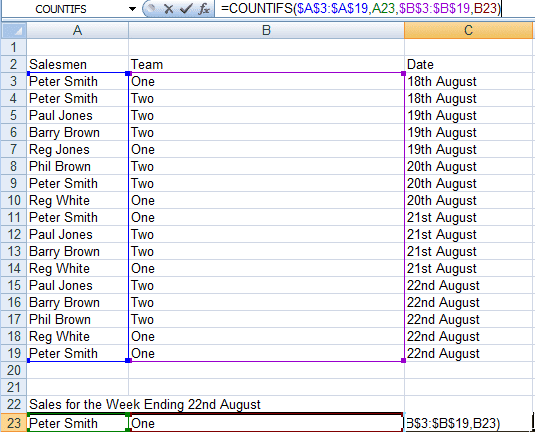Example of a COUNTIFS formula created in Excel 2007 and Excel 2010.