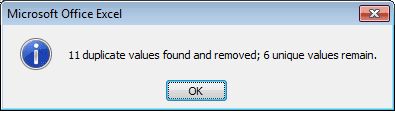Results of running Remove Duplicates on our spreadsheet in Excel 2007 and Excel 2010.