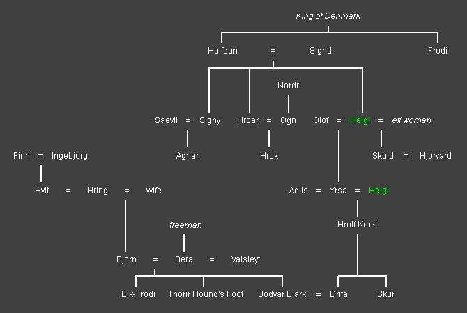 Charts the timeline of the last of the Skjoldungas, King Hrolf and parallel dynasties in early mediaeval Scandinavia