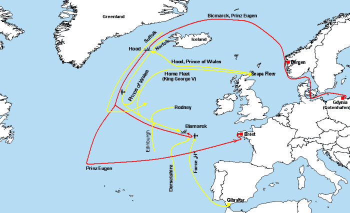 This is a map showing the Battle of the Debmark Strait, where HMS Hood was lost and which led to the sinking of the Bismarck