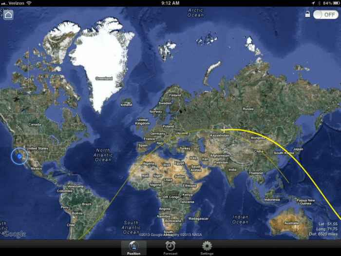 Set the lock icon at upper right to "off," unlocking the map's location so that you can pinch, zoom and pan. Otherwise, the map stays locked on the ISS' current position.