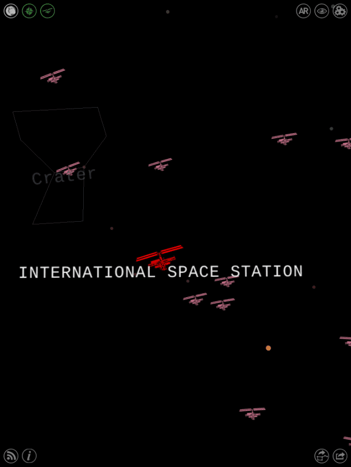 That big huge red thing? Yep, that's the International Space Station. (Or the Hubble Space Telescope; zoom in on the icon to double-check.) Toggle "satellite view" by clicking the third-from-left button at the top of the screen.
