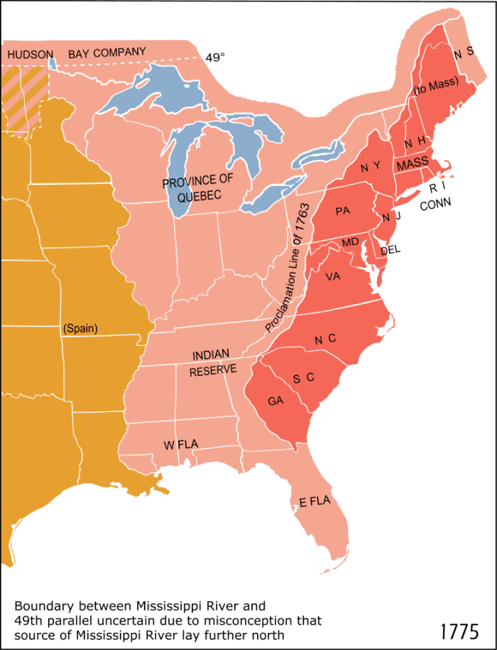 1763 Royal Proclamation Line - A portion of eastern North America; the 1763 "proclamation line" is the border between the red and the pink areas.