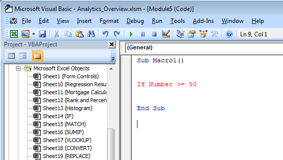 Example of a line with an error in a Visual Basic Module in Excel 2007 and Excel 2010.