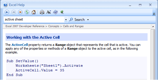 Using Microsoft Visual Basic Help to assist you in writing Visual Basic code in Excel 2007 and Excel 2010.