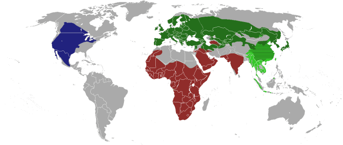 Shows ranges of all badger subfamilies (a polyphyletic taxon). Melinae, Mellivorinae, and Taxideinae. Dark Green: Meles sp. (Eurasian Badgers) Lime Green: Melogale sp. (Ferret-badgers) Blue: Taxidea taxus (American Badger) Red: Mellivora