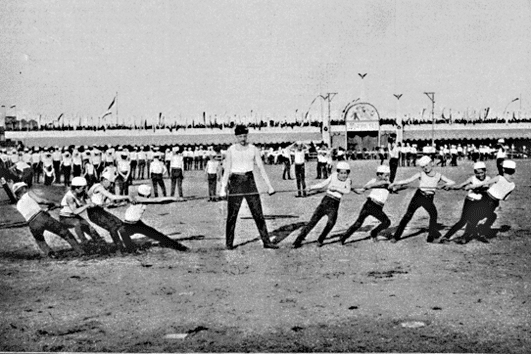 A much more 'up-to-date' tug of war battle, photographed in June 1895 in Prague, in the former republic of Czechoslovakia. Just five years after this photo was taken, tug of war became an official Olympic sport