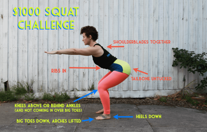 anatomy of the squat with proper form including a straight back and toes behind the knees