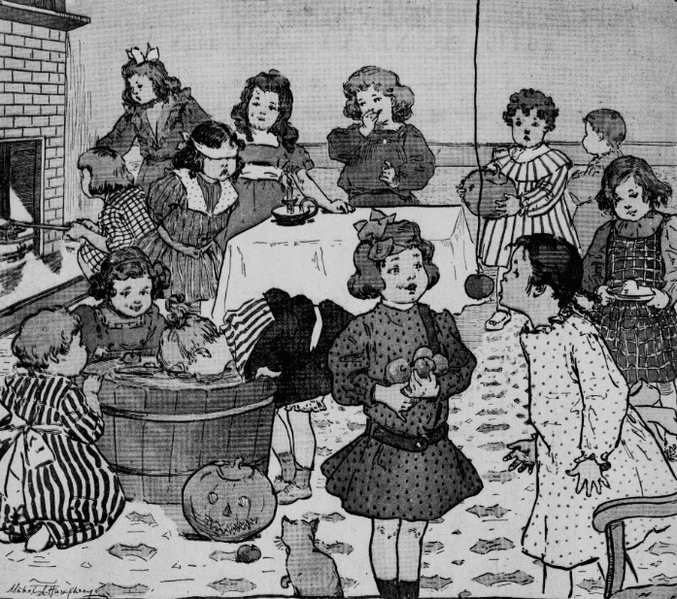 An illustration of a Halloween party for children in the United States, 1903. The children can be seen bobbing for apples, a traditional Halloween pastime.