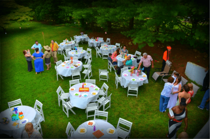 This is an aerial photo of some of the board-game-themed tables at our reception.