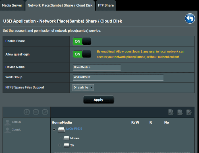 Example of a Samba Network Share configured in an ASUS router. This share is using an external hard drive connected directly to the router via USB.