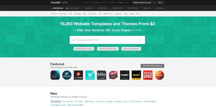 The homepage of ThemeForest, one of the world's largest online marketplaces for WordPress themes and plugins (July 2015).