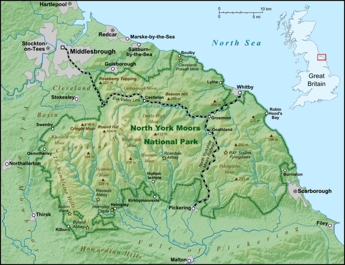 North Yorkshire Moors, the lower Tees Valley to the north - Staithes, where Cook found a taste for sea-going is on the coast (right), north-west of Whitby near where Boulby is marked. Marton, south of Middlesbrough, is the site of a dedicated museum