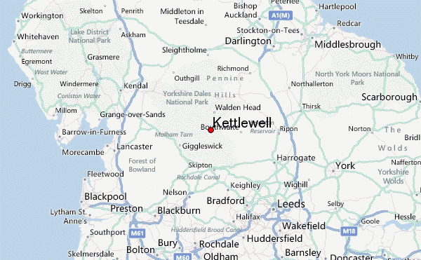 Kettlewell pinpointed, map centre. North from Threshfield along the dale, on the road west from West Burton and Leyburn, a bus ride away from Skipton after a journey from Leeds or Carlisle
