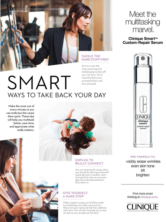 In this copy, Clinqiue does an amazing job in promoting their product by comparing its benefits with a woman's daily routine.