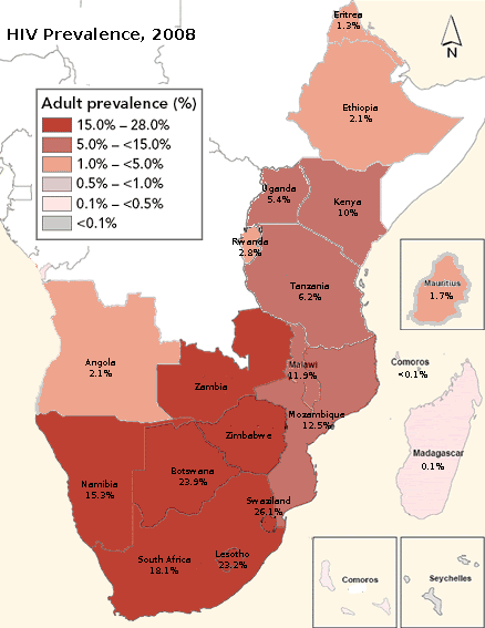Map of Southern Africa: Genocide by Poverty, war and disease. this is the epicenter of HIV infection allowed to fester and rage and it's coming to infecting 30% of the population noted above.