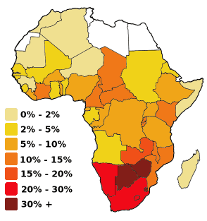 Map of Africa colored according to the percentage of the Adult (Ages 15-49) population with HIV/AIDS