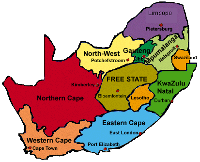 New South African Map with its new 9 provinces created since the African National Congress(ANC), South Africa's New ruling Party and ruling Government.