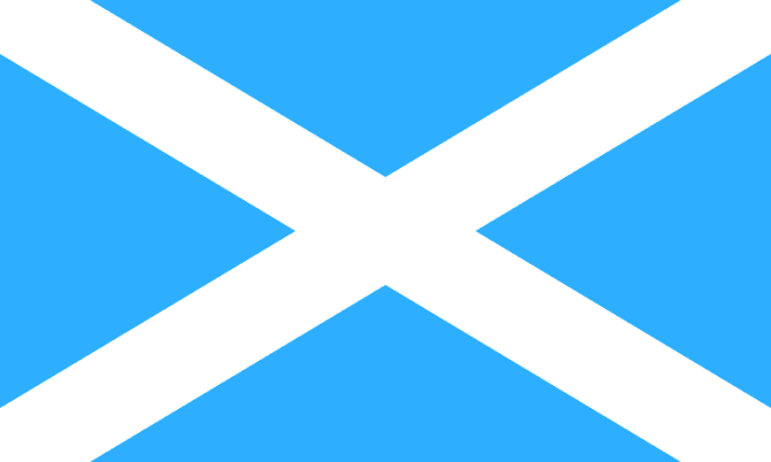 The traditional color of this flag of Scotland is this lighter blue, the same blue and white being national colors of South Korea as well. The Traditional Scots Flag is a medium blue and martime flags, a dark blue that hold up to wind and rain.