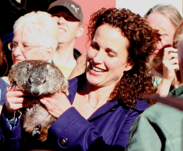 This is Andie MacDowell holding a groundhog - need I say more? Sorry guys, she is not naked - that is another groundhog day tradition of streaking down woodchuck alley.