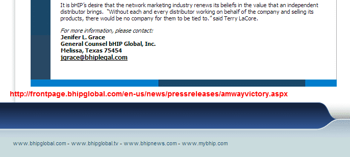 Screenshot of bHIPGlobal news release page announcing their victory against Amway regarding distributor rights. Their counsel is Jenifer Grace.