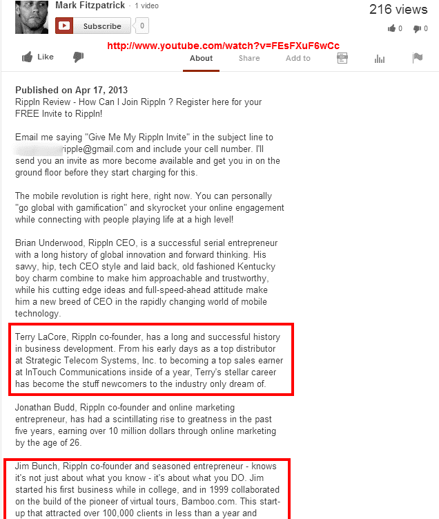 Mark Fitzpatrick uploaded a copy of the Rippln video, then named Terry LaCore and Jim Bunch as co-founders of Rippln, along with Brian Underwood and Jonathan Budd.