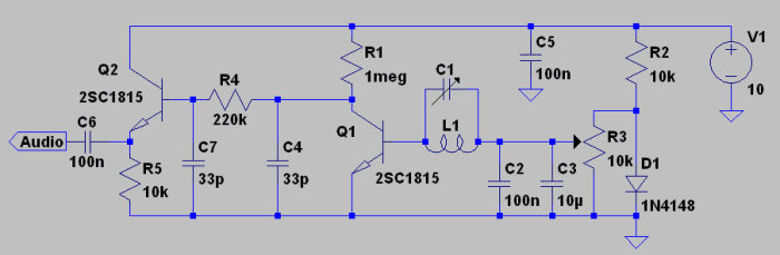 A BJT square law AM detector that give strongly increasing damping of the LC circuit with signal strength. Using a high Ft transistor for Q1 will give less damping and greater frequency stability. Even a 2SC3356 (Ft=7Ghz) is Ok in this role.