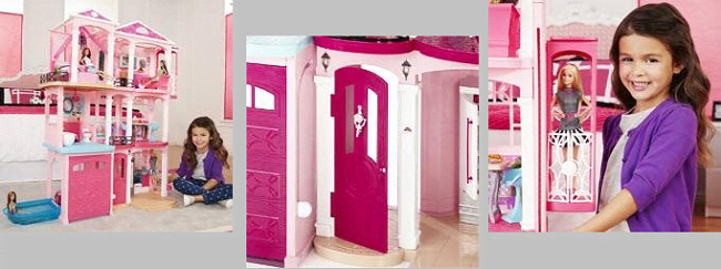 This is the interior of the 3-storey Barbie house showing a young girl by her townhouse dolls house, the elevator door, and her holding a box with a Barbie doll in her hands.