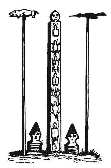 Carved poles in Amur, Siberia, Russia. These are the Goldi Poles of the Nanai people, sketched by an artist in the middle 1800s.