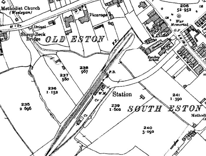 Ordnance Survey of Eston Station site 1928, a year before closure to passengers. Council houses were built the south of the station post- WWII. The site was cleared of the Co-op coal depot in October, 1966 for sheltered housing when branch closed