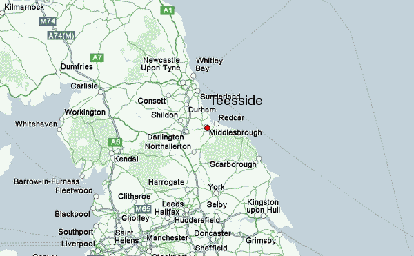 The location of Teesside three quarters of the way up the East Coast of England, marked above 'Middlesbrough'