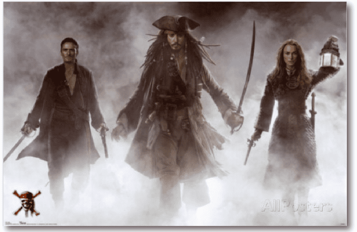 Pirates Of The Caribbean- At World's End Atmospheric Poster featuring Johnny Depp, Orlando Bloom, and Keira Knightley.