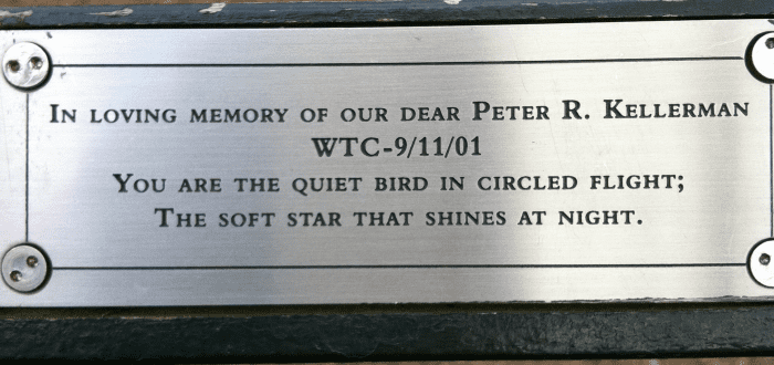 Just east of the Great Lawn in Central Park, Nw York City is Peters Bench - "I Did Not DIe" "You are the quiet bird in circled flight, the soft star that shines at night,"