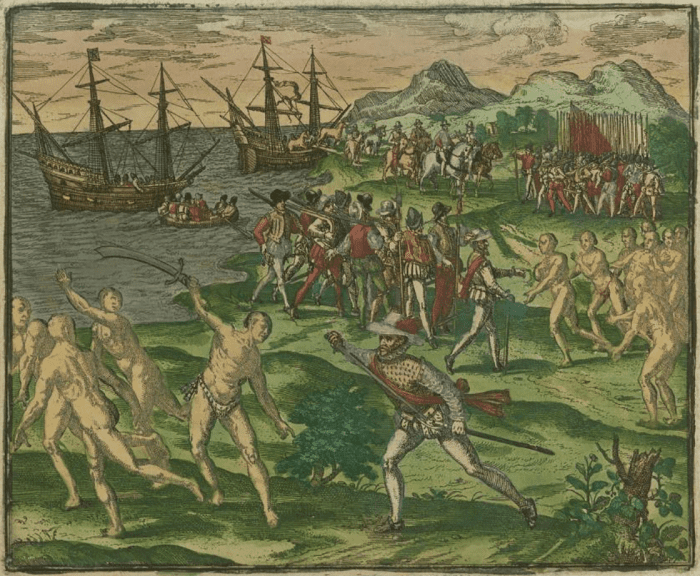 An image from 1595 depicting conflict between Native Americans in Mexico and Spanish colonists led by Francisco de Montejo. Courtesy of the John Carter Brown Library at Brown University