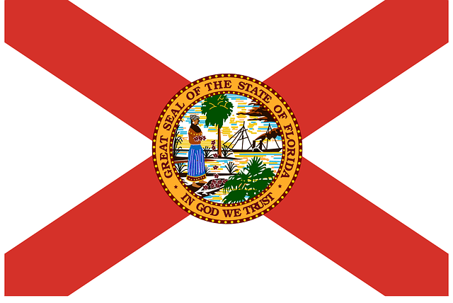 Florida’s flag: a red St. Andrew’s cross on a white background, with the state seal in the center, which shows a Semiole woman spreading flowers, a sun, a steamboat, shoreline and palm trees. The design was adopted in 1900 and updated in 1985.
