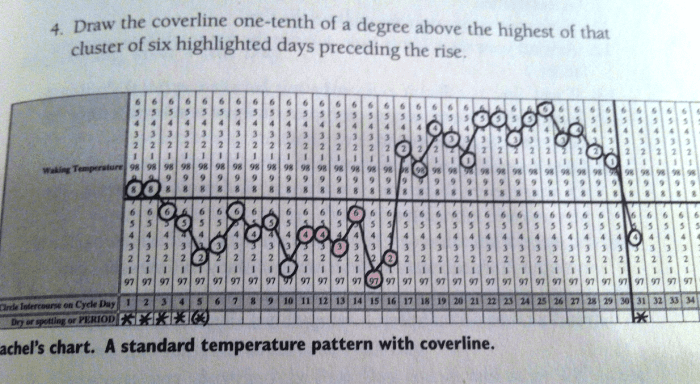 Each circle represents a temp taken each day. Although one day is slightly different from the next, you can see that the temps clearly rise and remain high after day 17. The horizontal cover-line clearly separates the two phases, low and high.