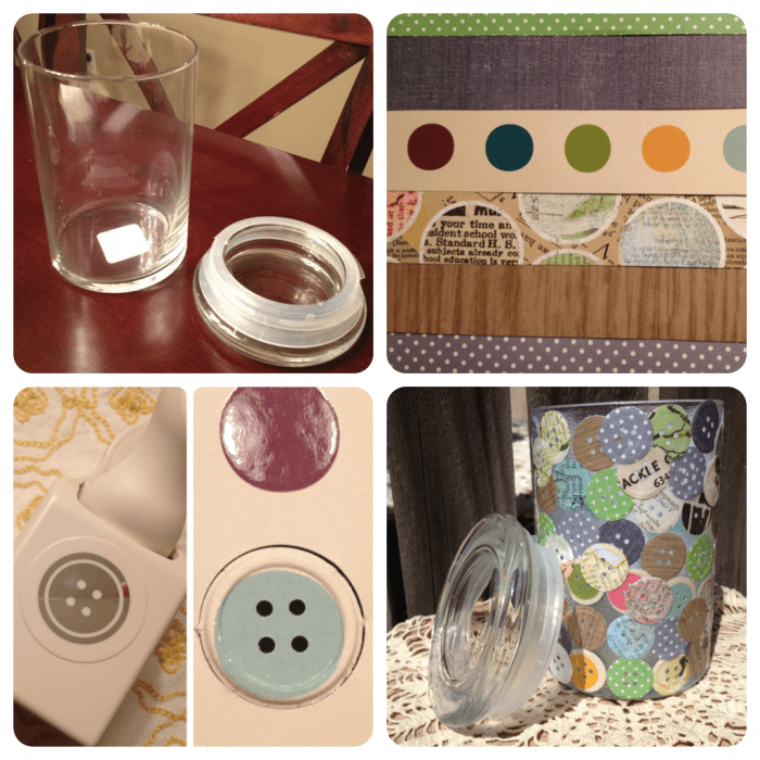 Using a Libby Jar, unique scrapbook papers, and a Martha Stewart button punch you can turn a boring jar into colorful art.