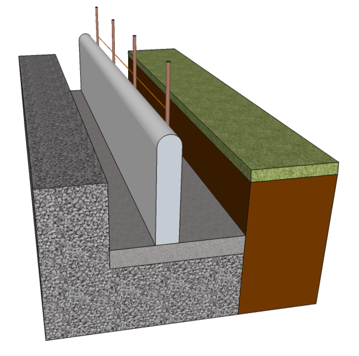 The top of the edging stones should be level with the top of the string. Plumb the vertical face also with a level.