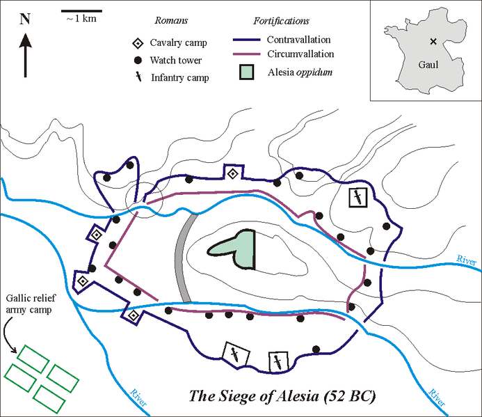 This map highlights the fortifications constructed by Julius Caesar according to archaelogical evidence.