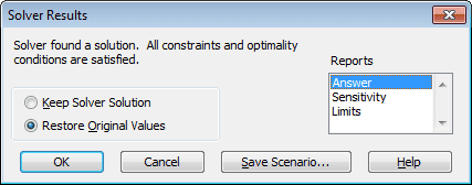 Configuring the Solver Results for your what-if analysis in Excel 2007, including selecting the appropriate reports.