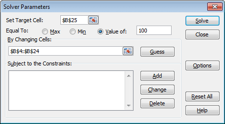 Configuring the Solver tool parameters for what-if analysis in Excel 2007 and Excel 2010.