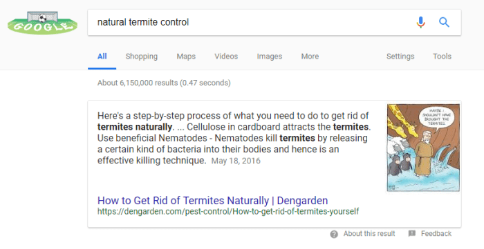 I have the snippet for natural termite control, today the 16th of June 2018. This is before I edit the hub to make it the best. I am browsing privately, for those of you wondering.