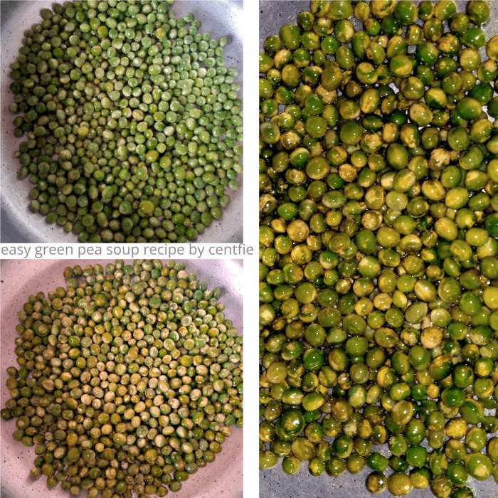 Keep stirring until the oil covers all seeds. Let them cook until the color of the peas changes to a darker shade of green with tinges of brown.