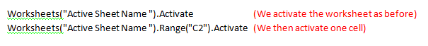 Visual Basic code used to activate specific cells in Excel 2007 and Excel 2010.