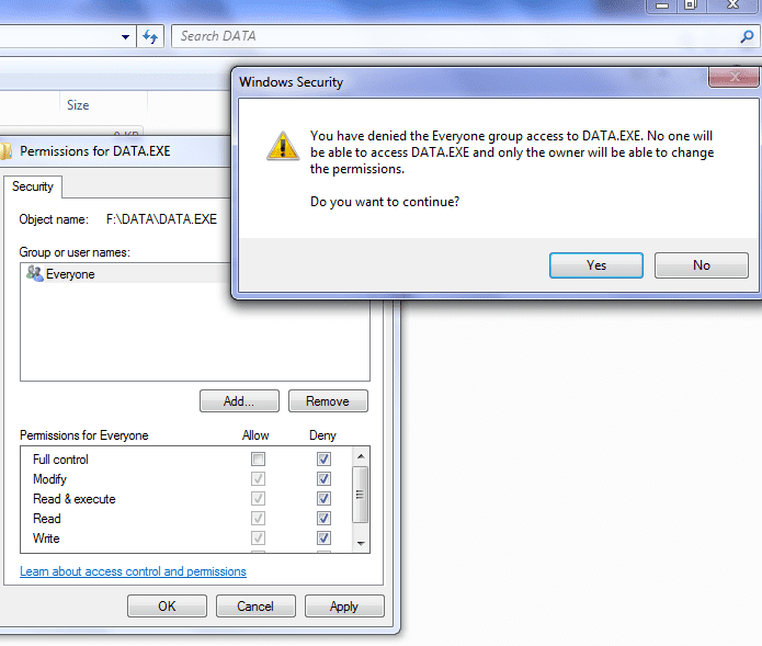 The ultimate block against any computer virus that will attack the DATA folder is the DATA.EXE that is impregnable because the access right is DENIED to everyone.